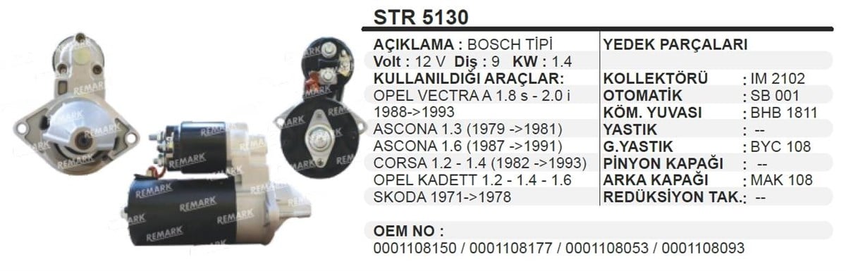 Marş Motoru 12V 9Diş Opel Skoda Vectra A Ascona Corsa Opel Kadett