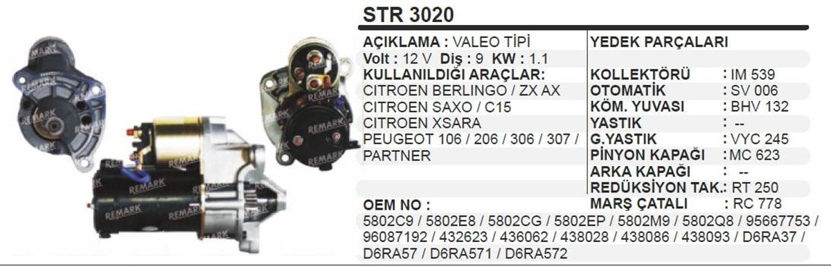 Marş Motoru 12V 9Diş Pejo 106 206 306 Cıtroen  Dfm Valeo 432591  Valeo 442623