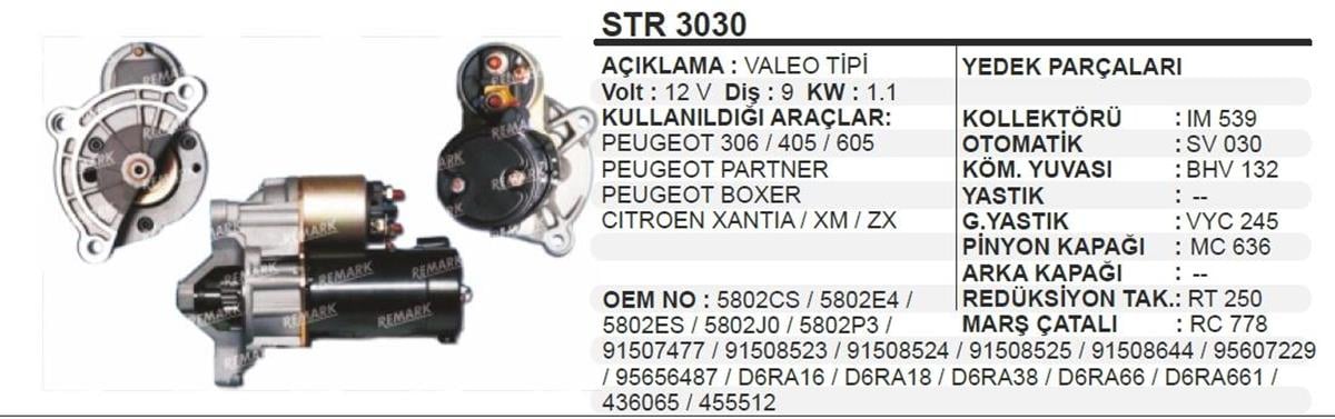 Marş Motoru 12V 9Diş Pejo Partner D6r Peugeot 306 405 605 Partner Boxer Cıtroen Zx | Martek Str3030