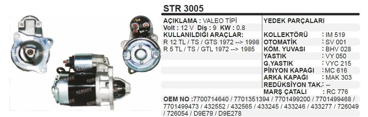 Marş Motoru 12V 9Diş R12 Toros Trafık Str3005 Valeo432565