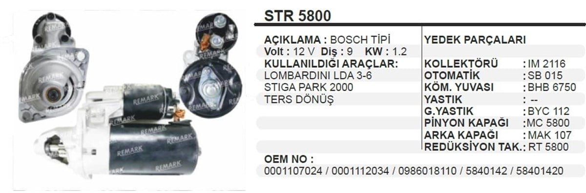 Marş Motoru 12V 9Diş Ters Lombardin Pancar Str5800 Pat Pat