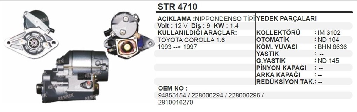 Marş Motoru 12V 9Diş Toyota Corolla 93 Dentip