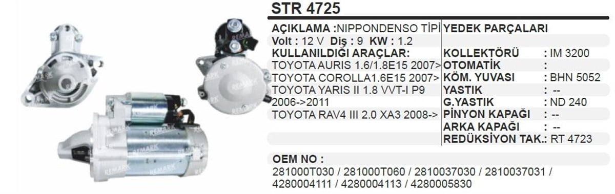 Marş Motoru 12V 9Diş Toyota Corolla Aurıs Yarıs