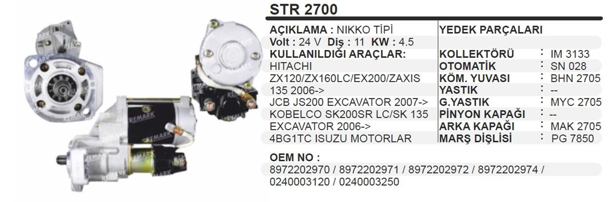 Marş Motoru 24V 11Diş Kobelco Jcb 2Kulak Hıtachı Zx120 Ex200 Jcb Kobelco Lc Sk 135 Isuzu Motorlar Sumıtomo Isuzu Motorlu Is Mak