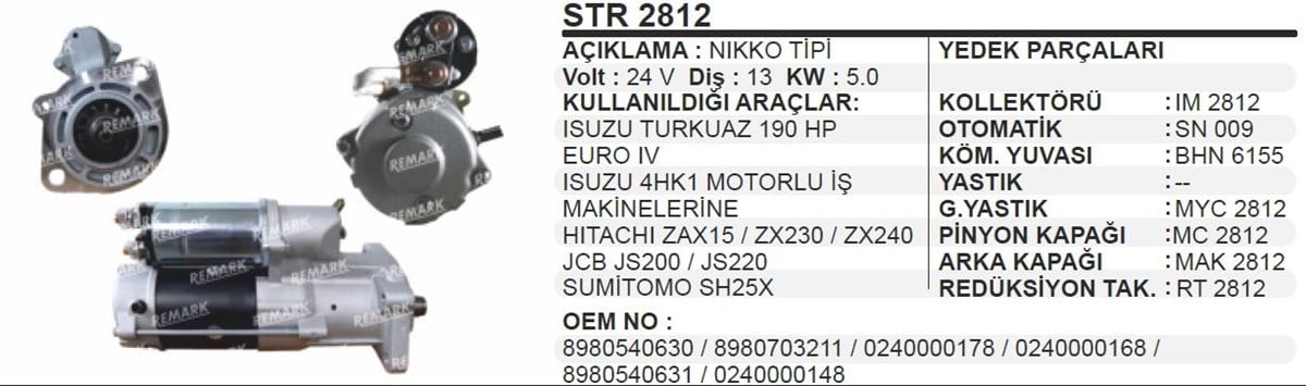 Marş Motoru 24V 13Diş Isuzu Turkuaz İş Mak Isuzu Turkuaz Euro Iv 4Hk1 Motorlu İş Makinalarına