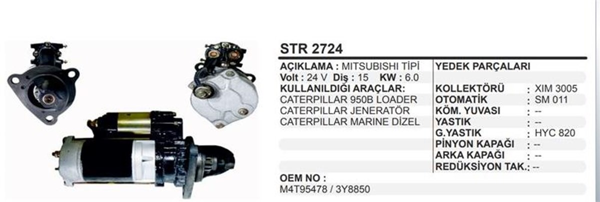 Marş Motoru 24V 15Diş Caterpiller 950B Jeneratör D7g Buldozer Marine Dizel Arkadan Şaseli Cıvatalı Leoder