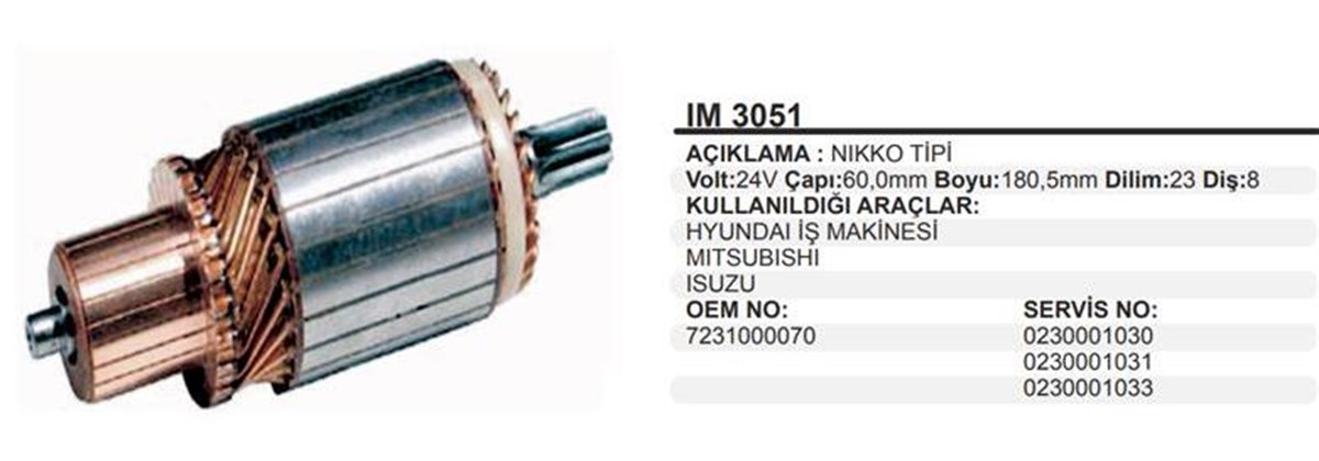MARTEK Marş Kollektörü 24V Hyundai İş Makinesi Mıtsubıshı Isuzu 60*180 5*8 Im3051