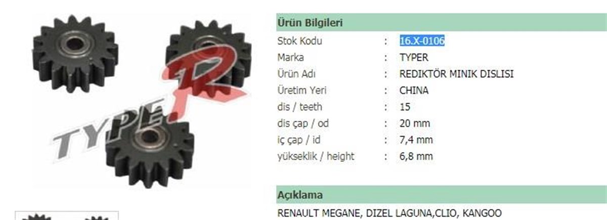 Rediktör Küçük Dişli Renault Megane, Dızel Laguna,Clıo, Kangoo