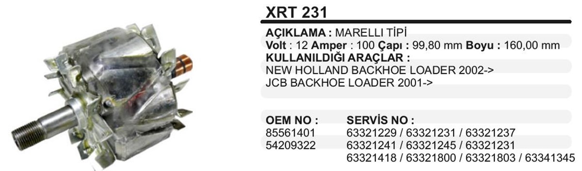 Rotor 12V 100Ah Jcb Palio Marel Tip Newhol Xrt231