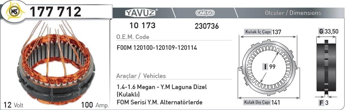 Statör 12V 100Ah Megan Laguna Ym Dizel Nur177712 | Nursan 177712