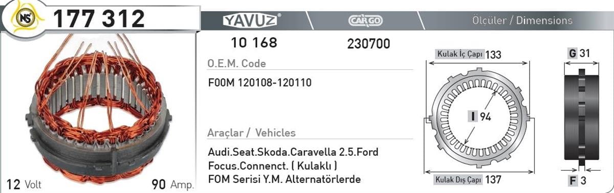 Statör 12V 90Ah Audi Seat T5 Focus Nur177312 | Nursan 177312