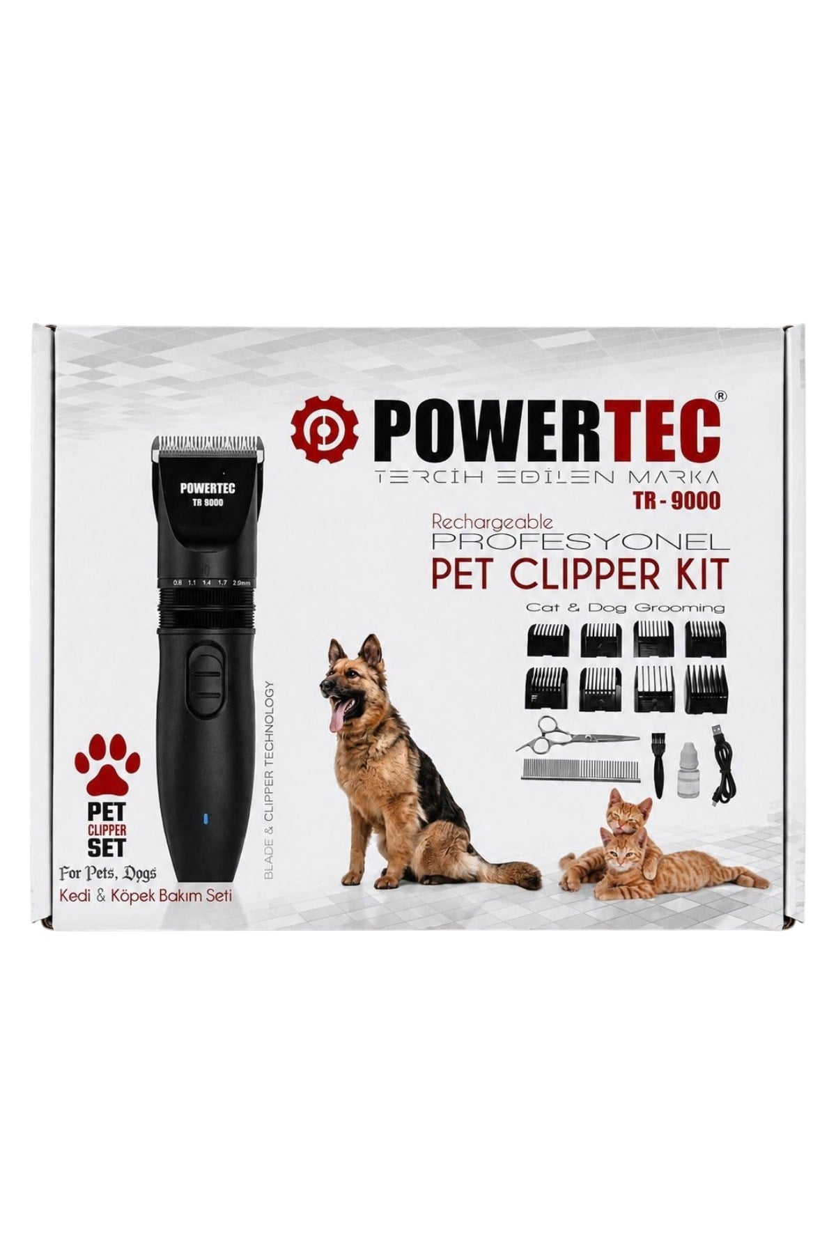 Powertec TR-9000 Kedi Köpek Tıraş Makinesi Seti Pet Evcil Hayvan Tüy Kesme (Makas ve Metal Tarak Hediyeli)