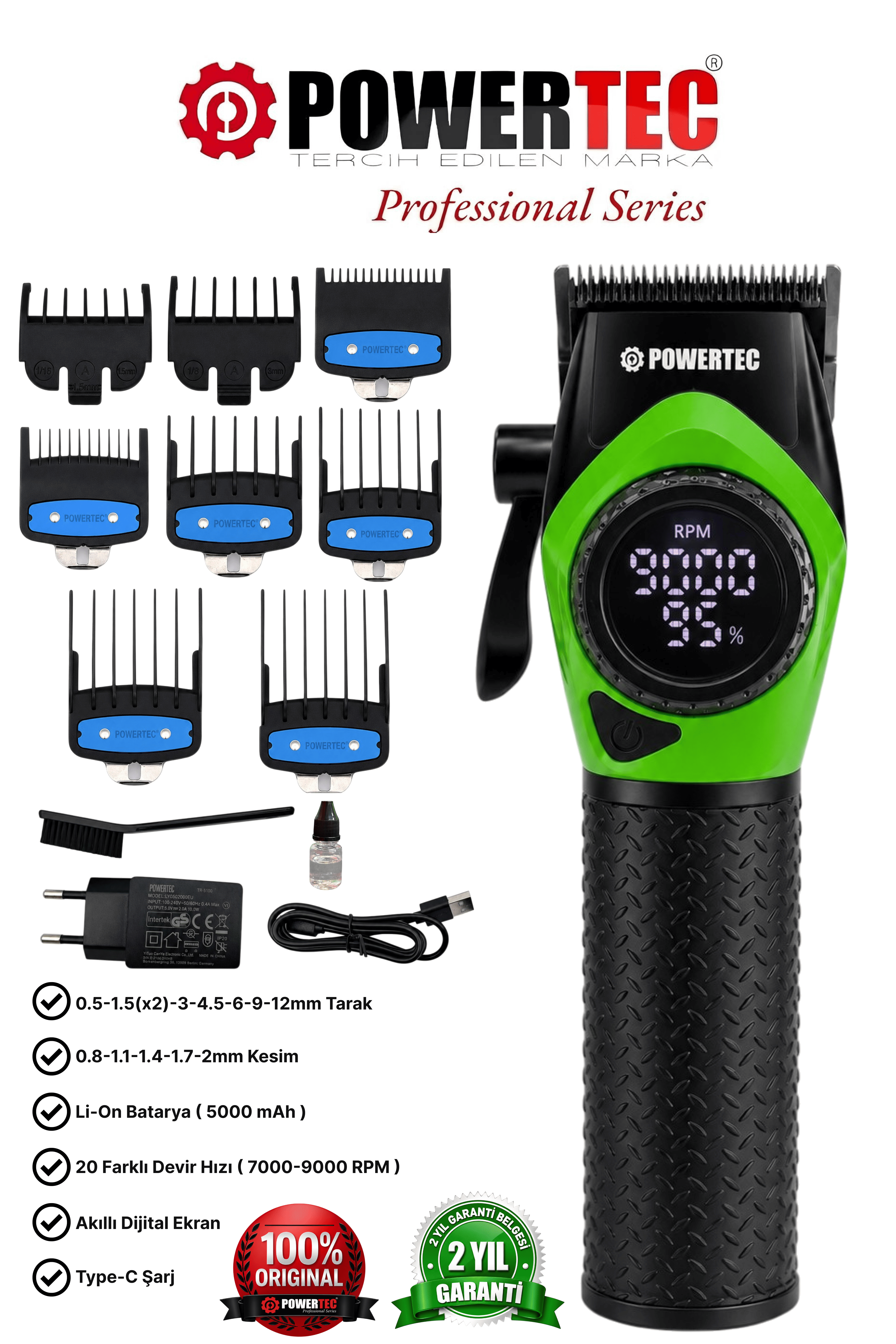 TR-5100 Profesyonel Saç Tıraş Makinesi | 9000 RPM Dijital Ekran | 5000 mAh Li-ion Batarya | Şarjlı Berber Tipi Clipper