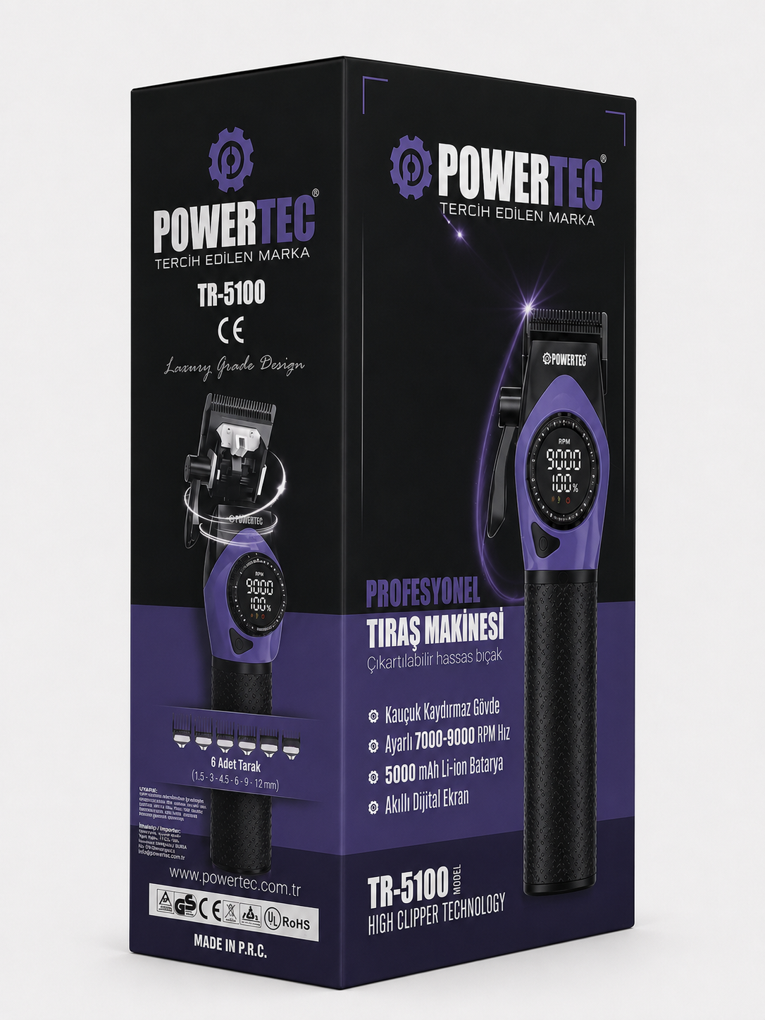 TR-5100 Profesyonel Saç Tıraş Makinesi | 9000 RPM Dijital Ekran | 5000 mAh Li-ion Batarya | Şarjlı Berber Tipi Clipper
