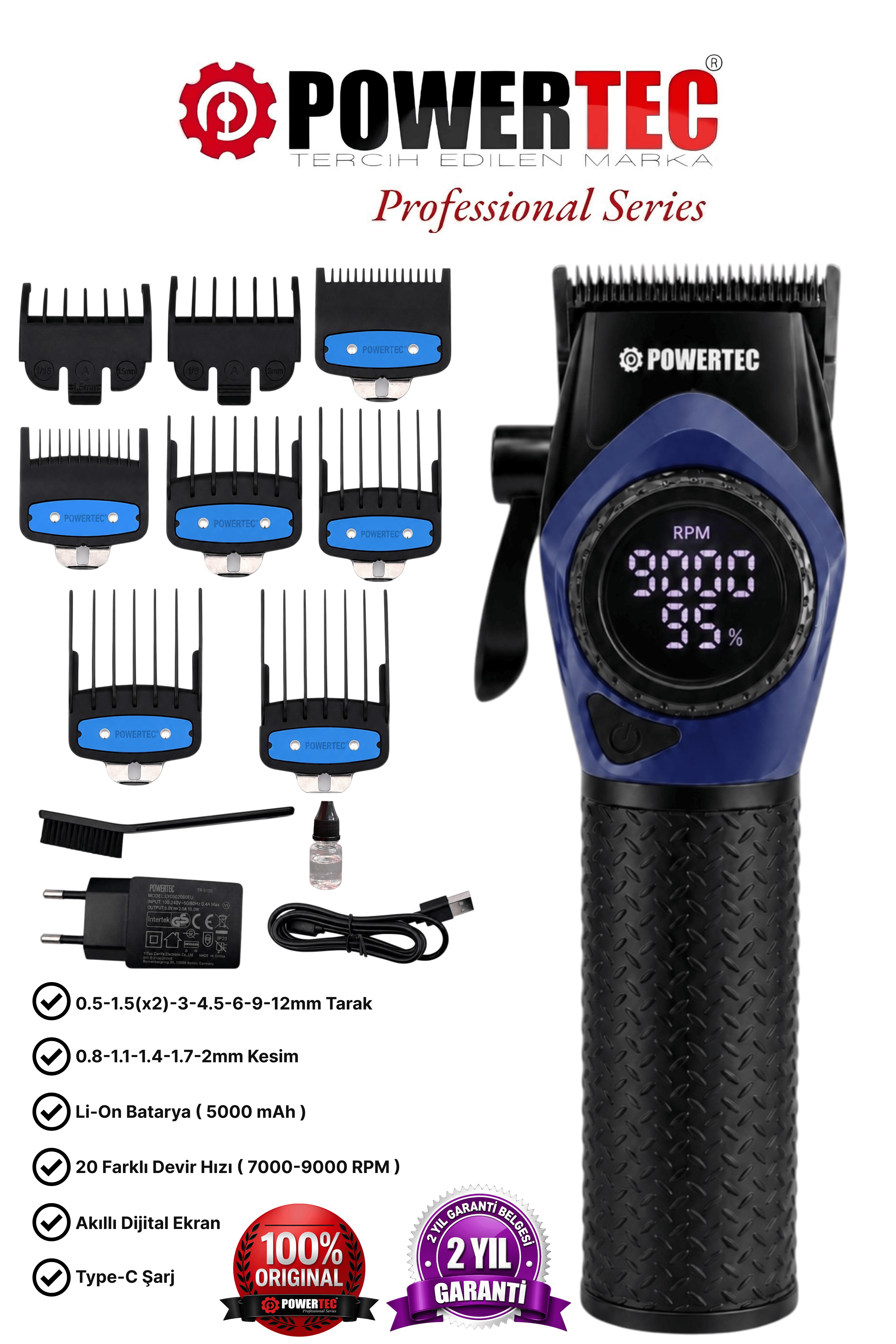 TR-5100 Profesyonel Saç Tıraş Makinesi | 9000 RPM Dijital Ekran | 5000 mAh Li-ion Batarya | Şarjlı Berber Tipi Clipper