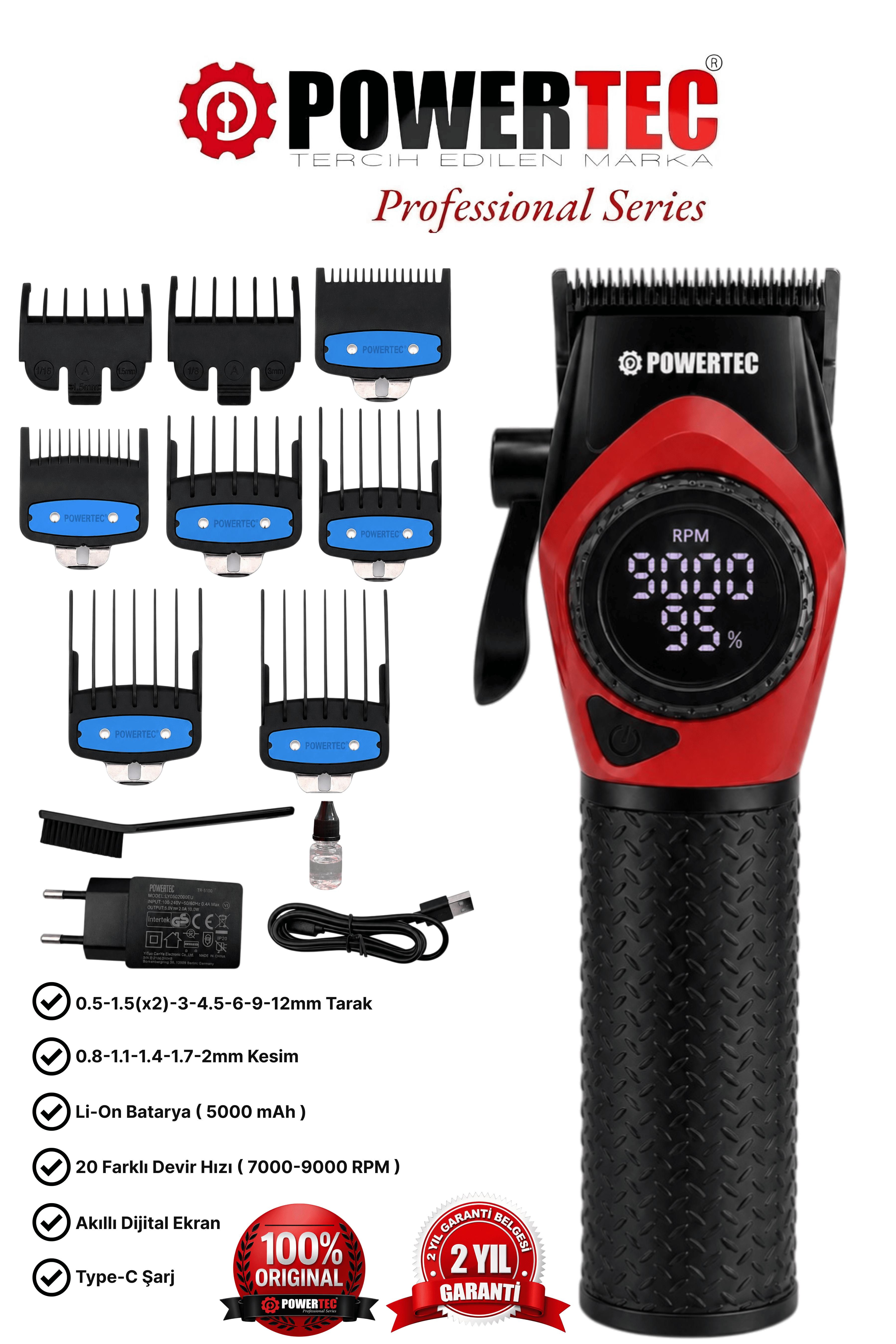 TR-5100 Profesyonel Saç Tıraş Makinesi | 9000 RPM Dijital Ekran | 5000 mAh Li-ion Batarya | Şarjlı Berber Tipi Clipper