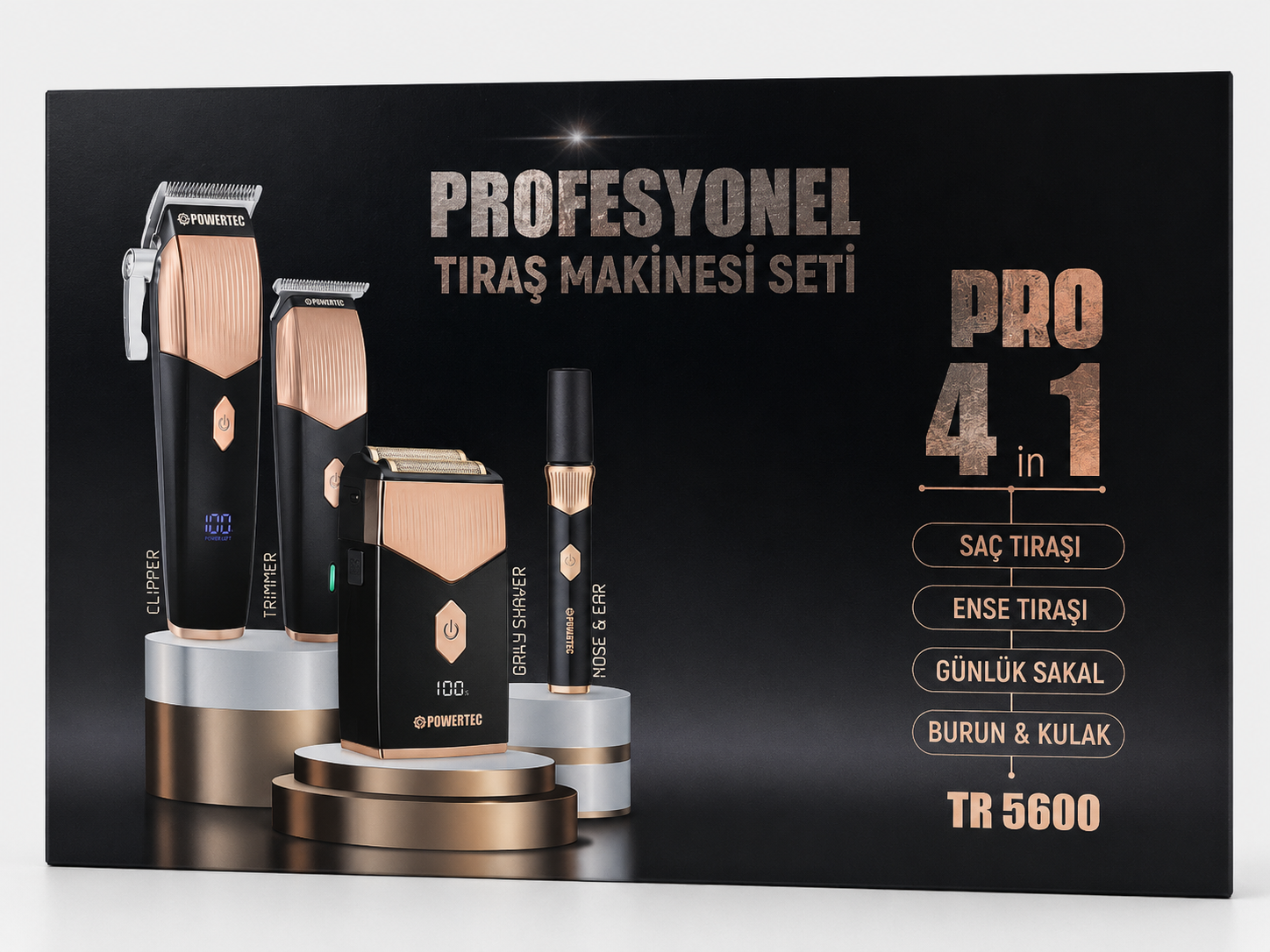 TR-5600 Pro 4in1 Set Saç-Sakal&Ense&Vücut-Günlük Sakal-Burun&Kulak(4'lü Şarj Standı ve Önlük Hediye)