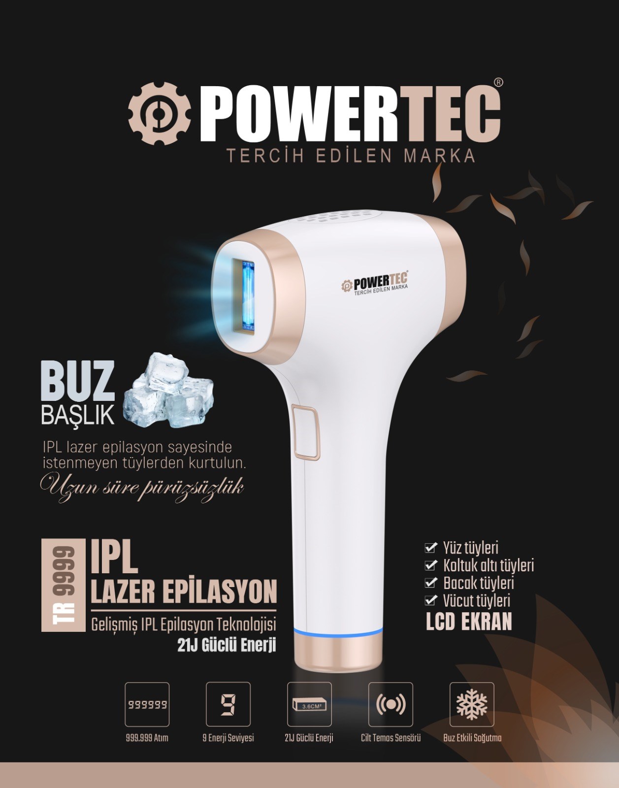 TR-9999 IPL Lazer Epilasyon 999.999 Atım Otomatik/Manuel 9 Modlu | Buz Başlıklı & Taşıma Çantası Hediyeli