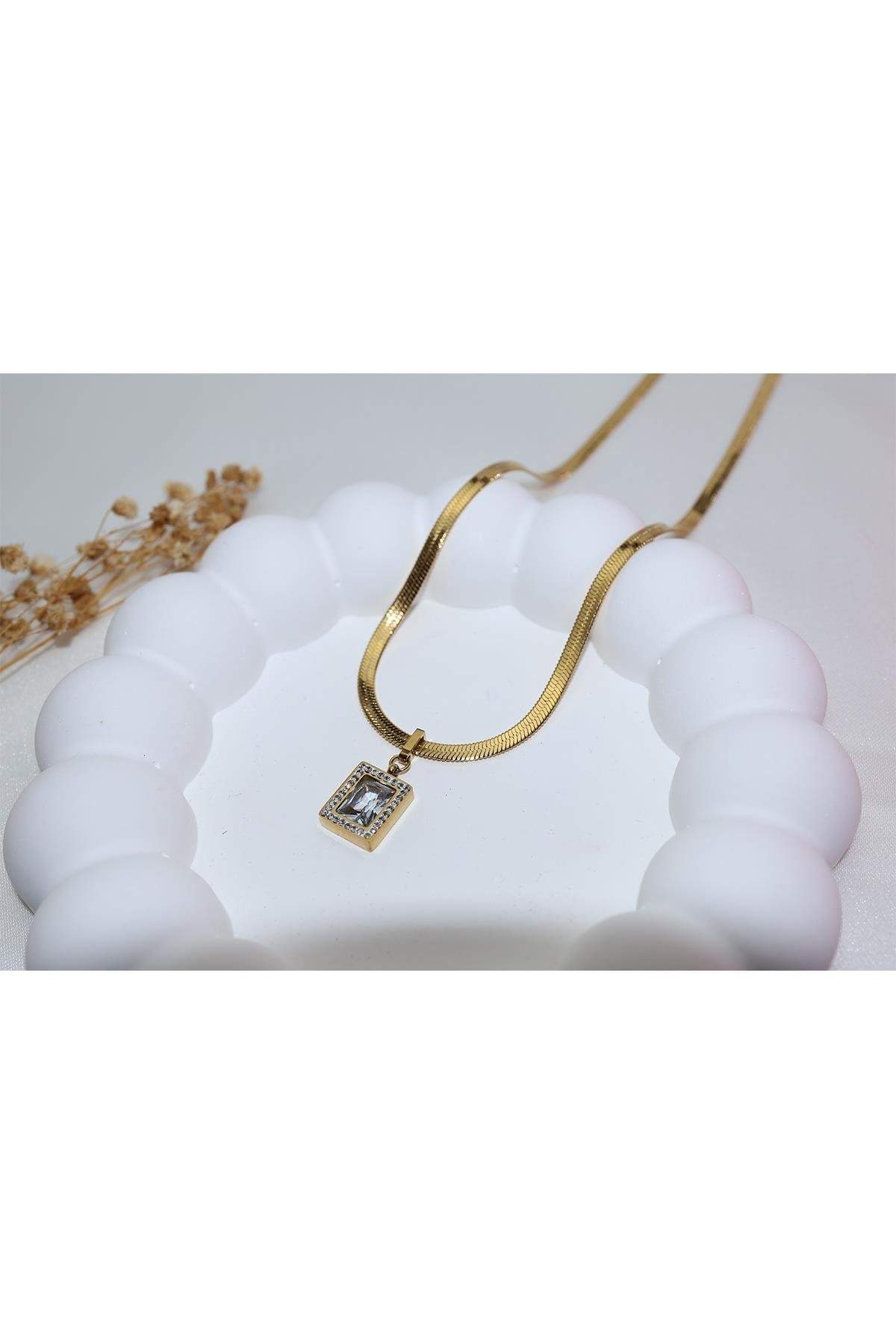İtalyan Taşlı Gold Baget Taşlı Kolye