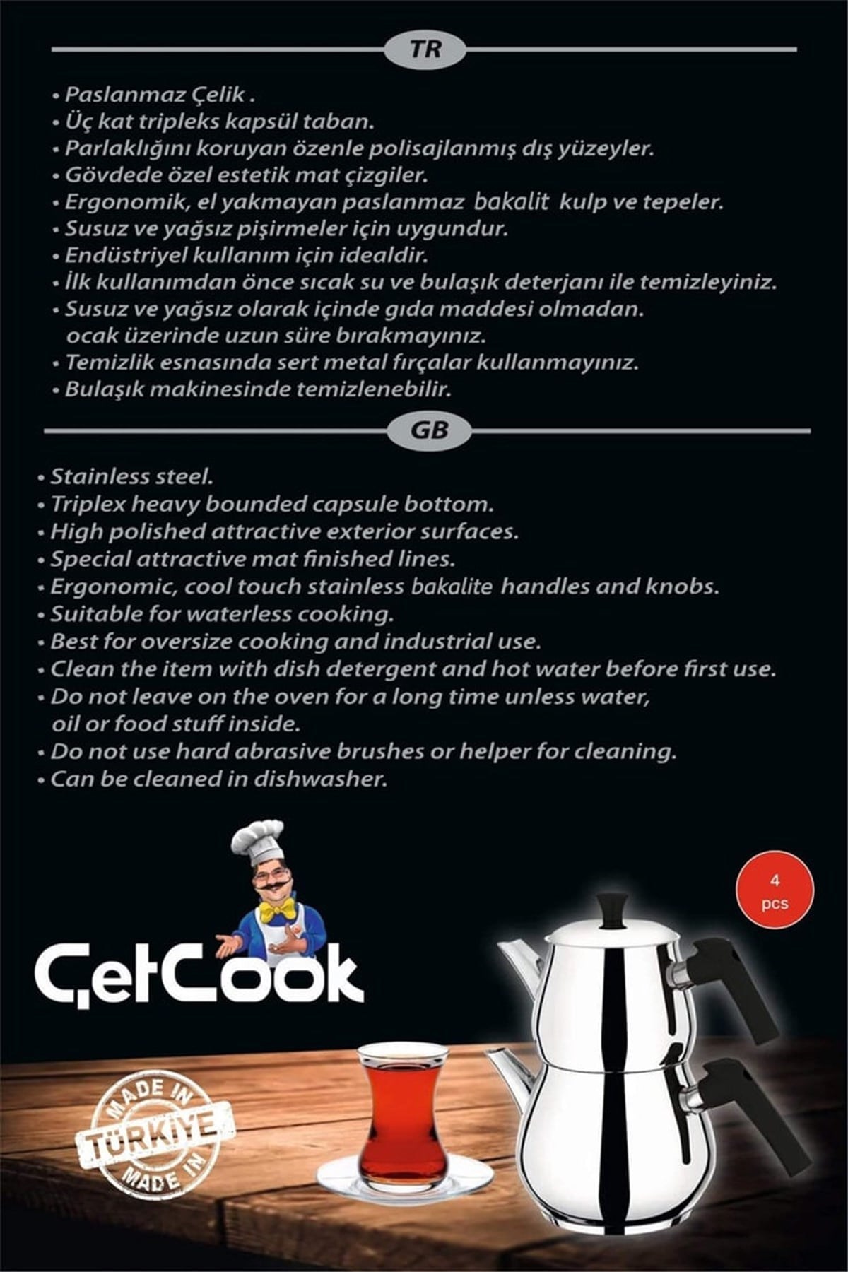 ÇetCook Damla Aile Boy Paslanmaz Çelik Çaydanlık Takımı 1.20L Üst – 2.00L Alt