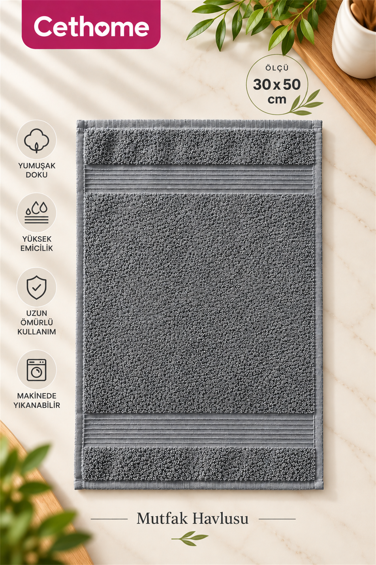 ÇetHome 30x50 Antrasit Renk Mutfak Havlusu