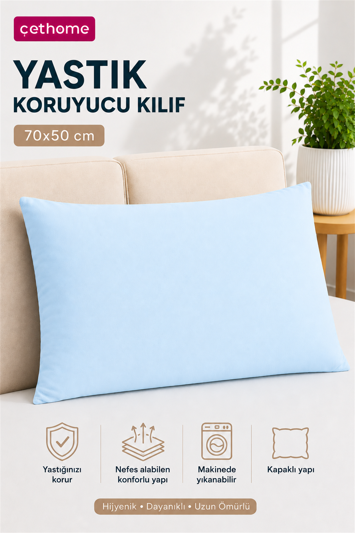 ÇetHome 50x70 cm Mavi Yastık Koruyucu Kapaklı Kılıf