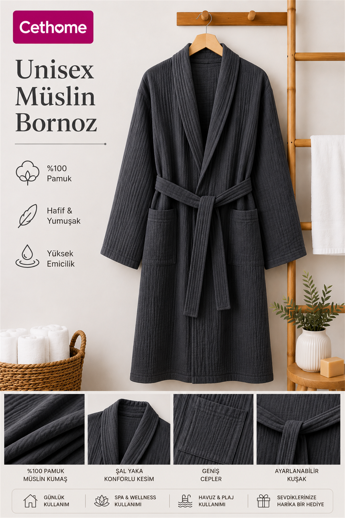 ÇetHome Antrasit Renk Kemerli Unisex %100 Pamuklu Müslin Kumaş Bornoz