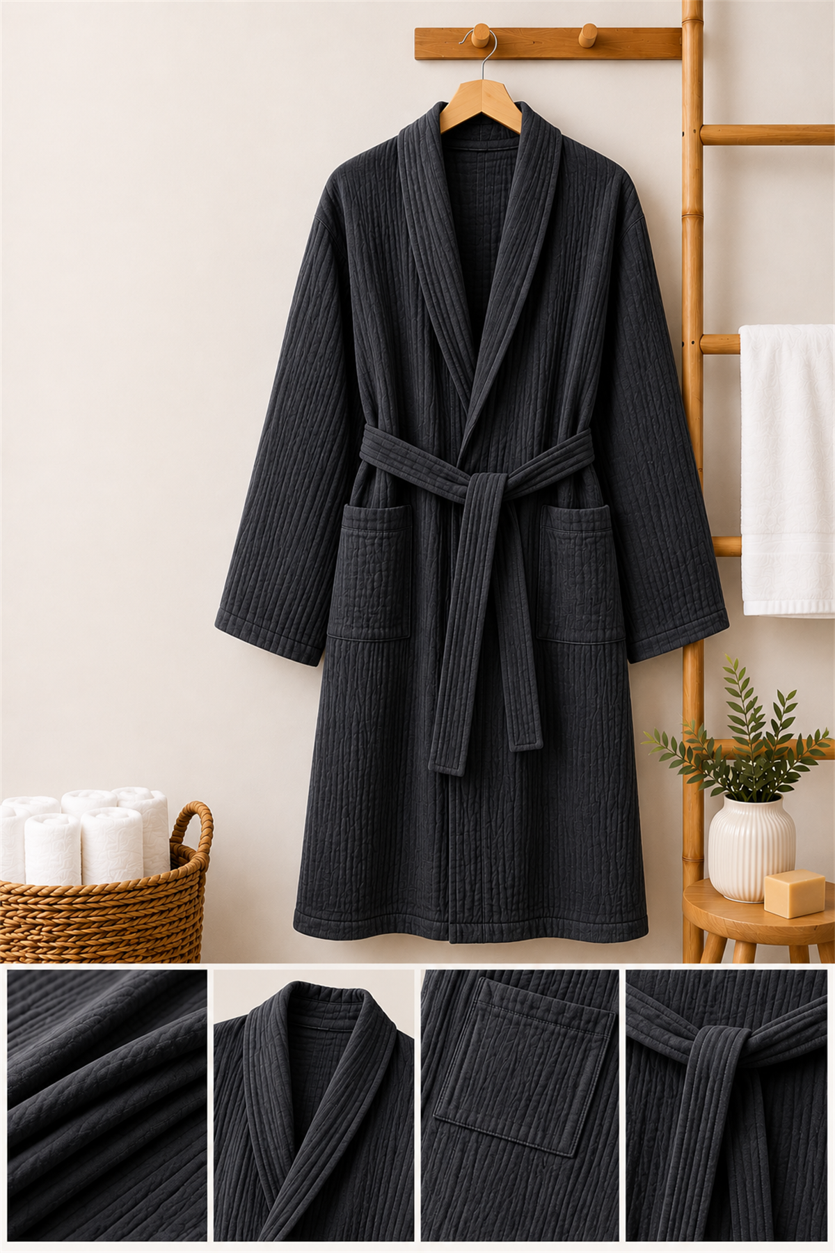 ÇetHome Antrasit Renk Kemerli Unisex %100 Pamuklu Müslin Kumaş Bornoz