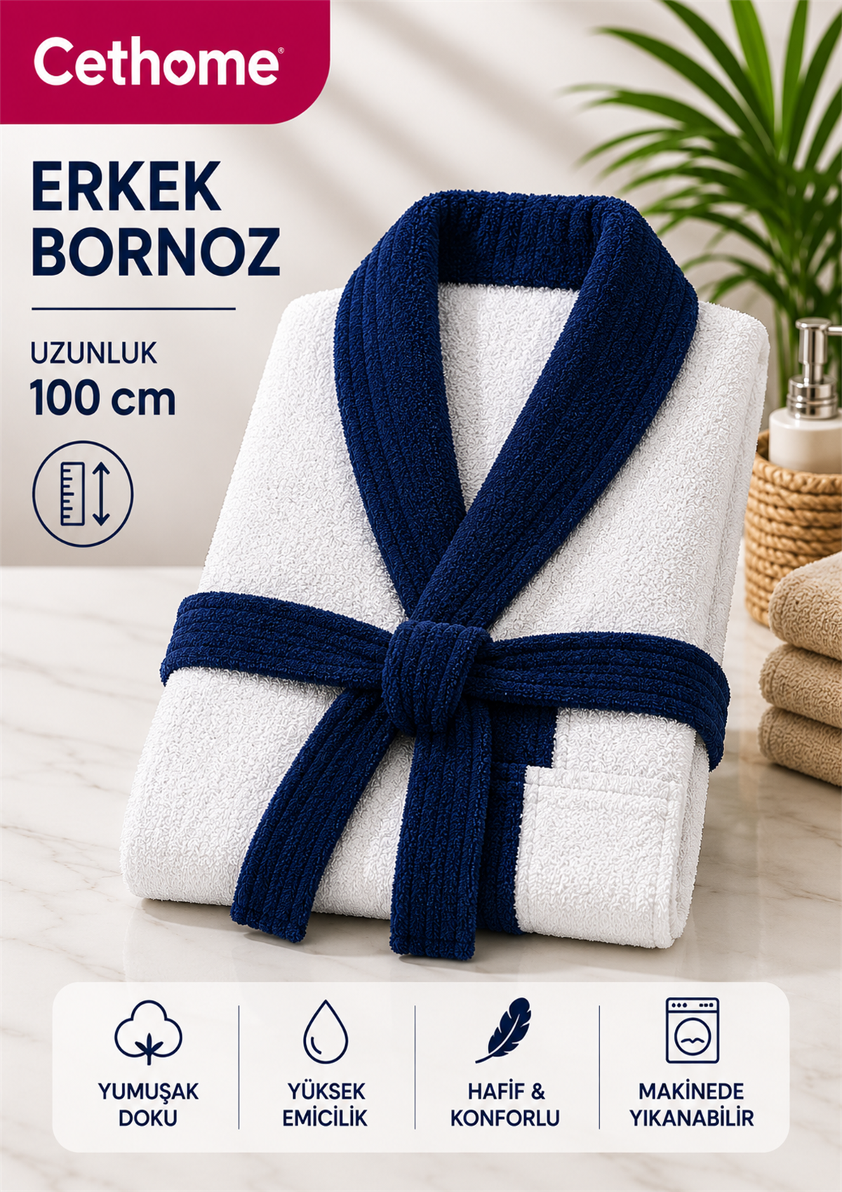 ÇetHome Beyaz Renk Lacivert Kemerli Erkek %100 Pamuklu Bornoz
