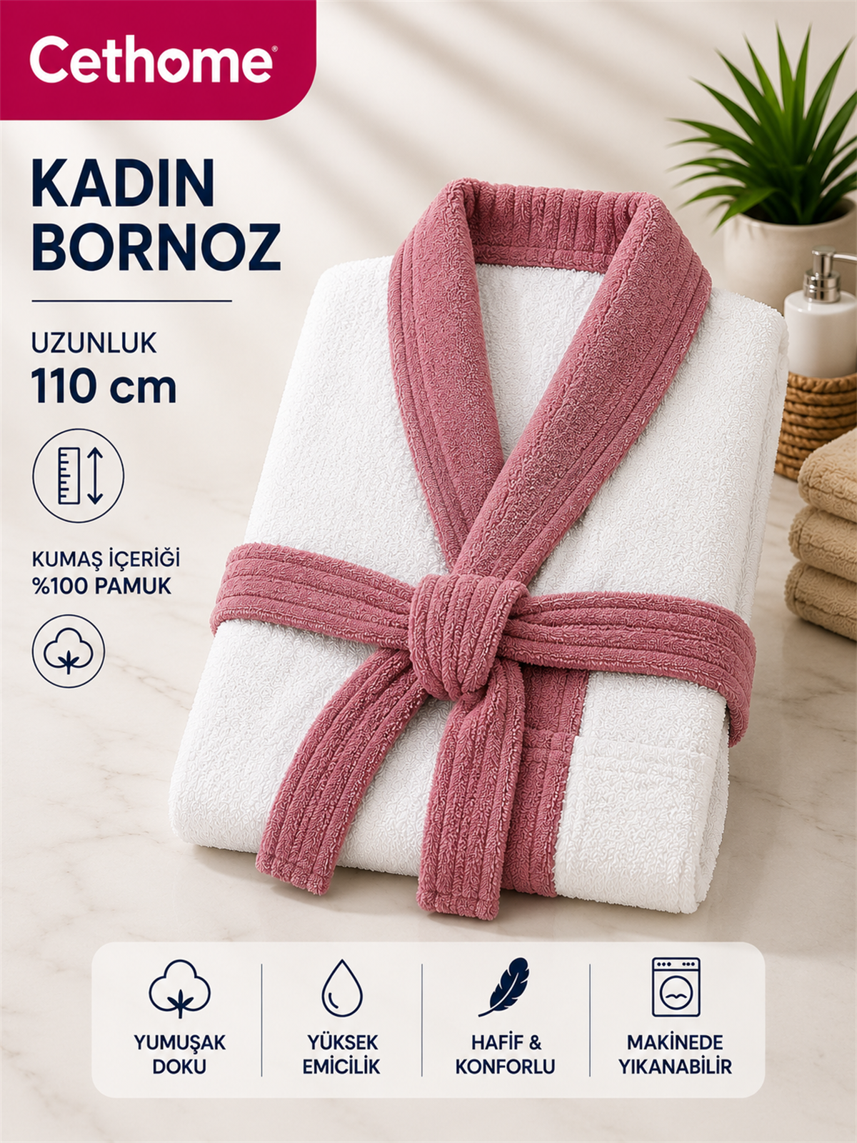 ÇetHome Beyaz Renk Pembe Kemerli Kadın %100 Pamuklu Bornoz