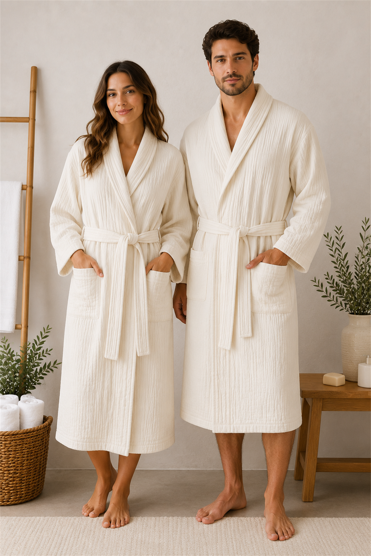 ÇetHome Ekru Renk Unisex Kemerli %100 Pamuklu Müslin Kumaş Bornoz