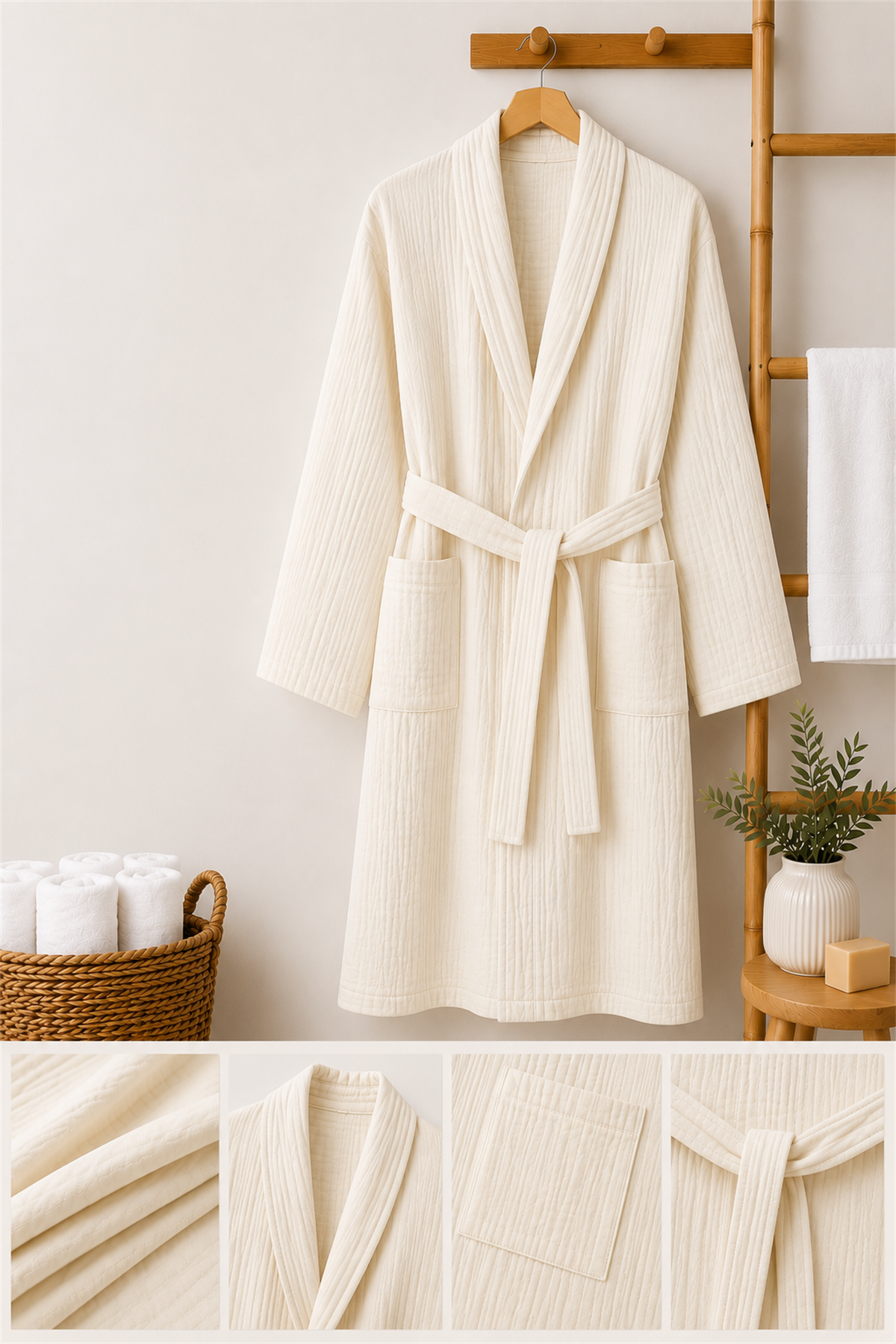 ÇetHome Ekru Renk Unisex Kemerli %100 Pamuklu Müslin Kumaş Bornoz