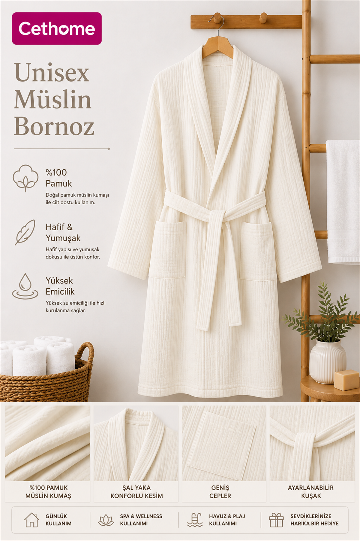 ÇetHome Ekru Renk Unisex Kemerli %100 Pamuklu Müslin Kumaş Bornoz