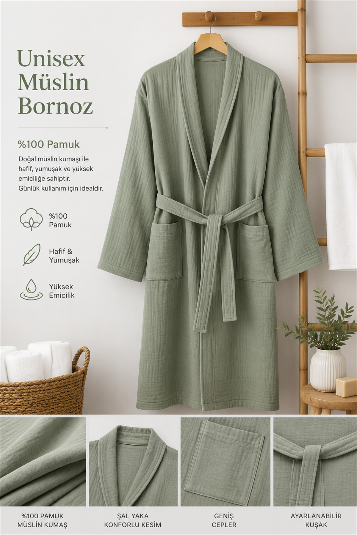 ÇetHome Haki Renk Kemerli Unisex %100 Pamuklu Müslin Kumaş Bornoz