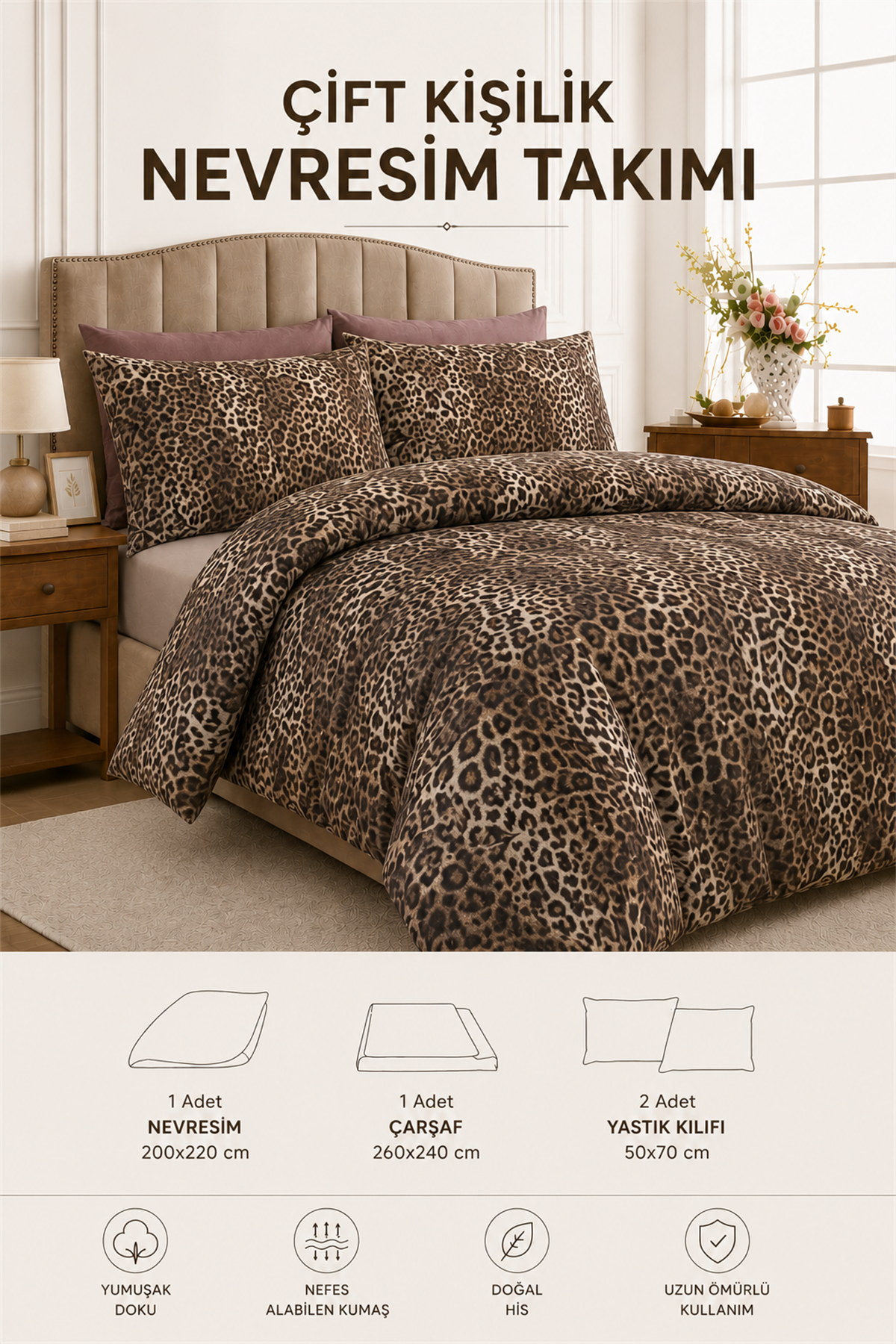 ÇetHome Pamuklu Leopar Desenli Çift Kişilik Nevresim Takımı
