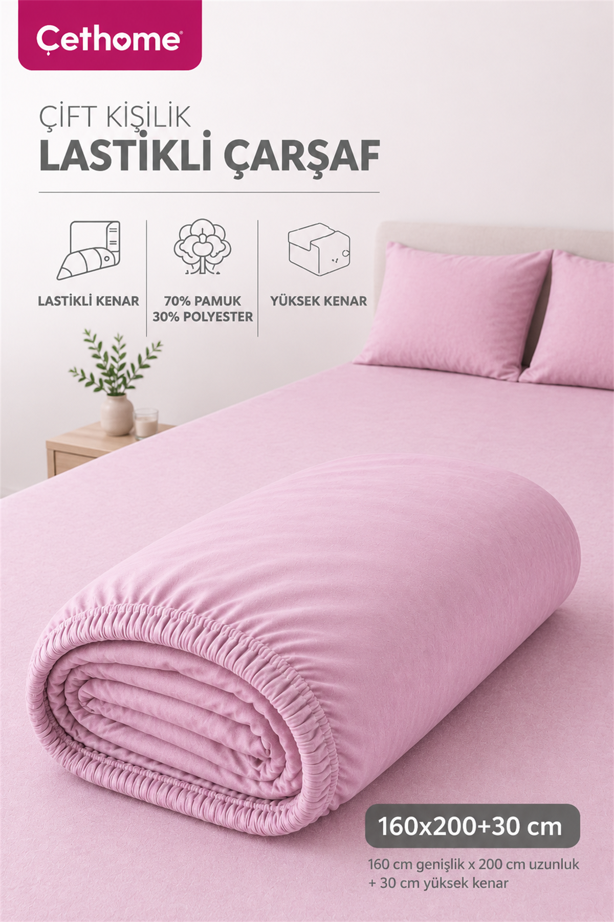 ÇetHome Pamuklu Pembe Lastikli Çift Kişilik Çarşaf 160*200 cm