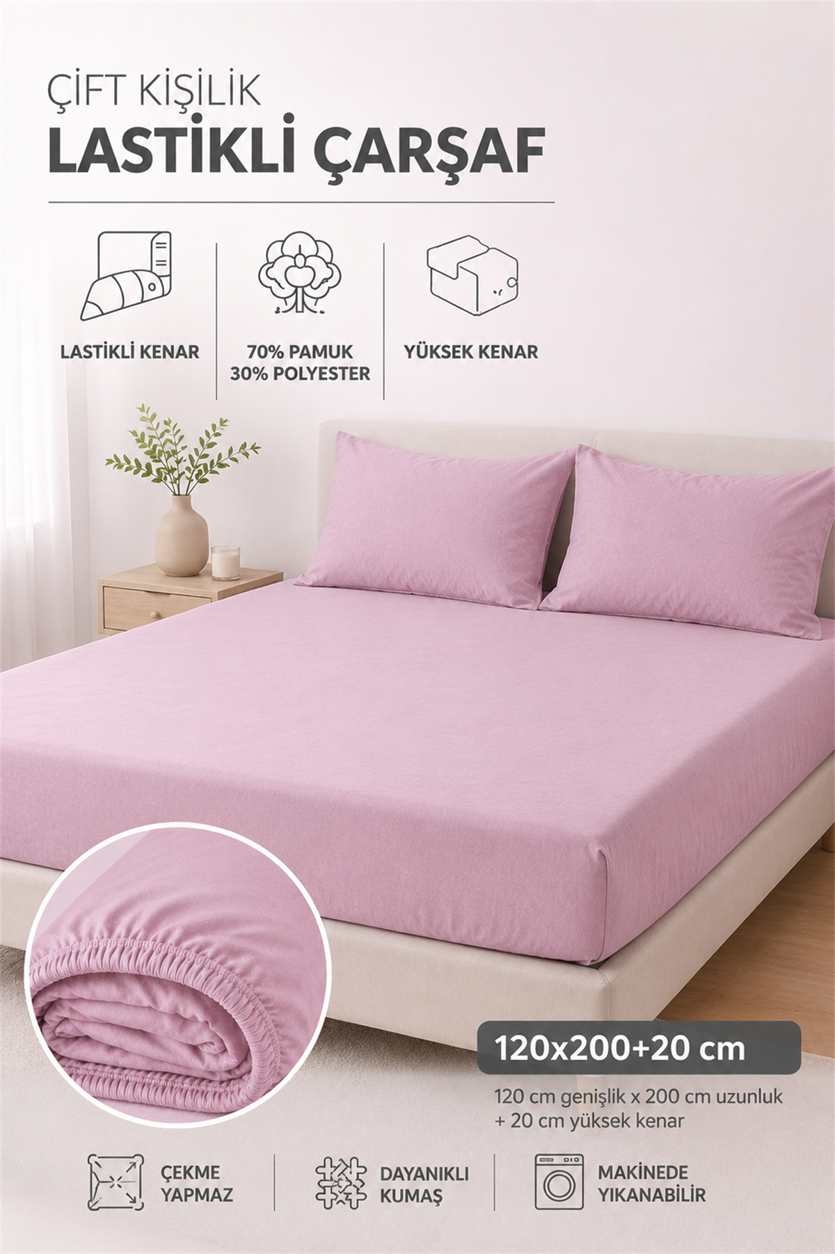 ÇetHome Pamuklu Pembe Lastikli Çift Kişilik Çarşaf 160*200 cm