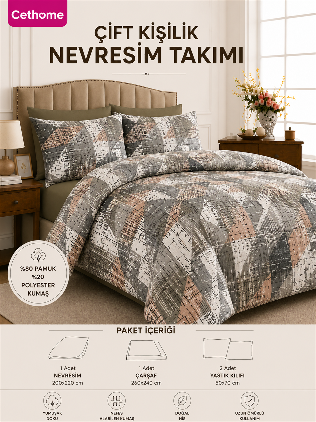ÇetHome Pamuklu Üçgen Desenli Çift Kişilik Nevresim Takımı