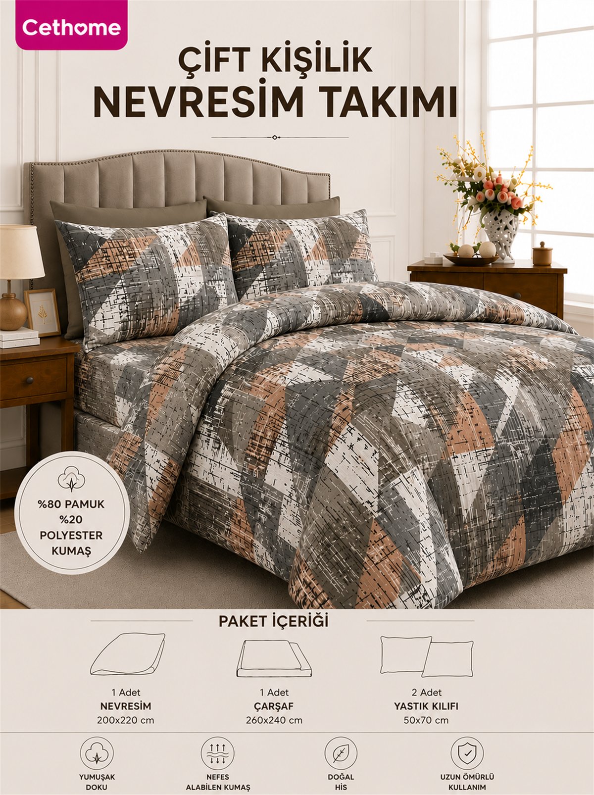 ÇetHome Pamuklu Üçgen Desenli Çift Kişilik Nevresim Takımı
