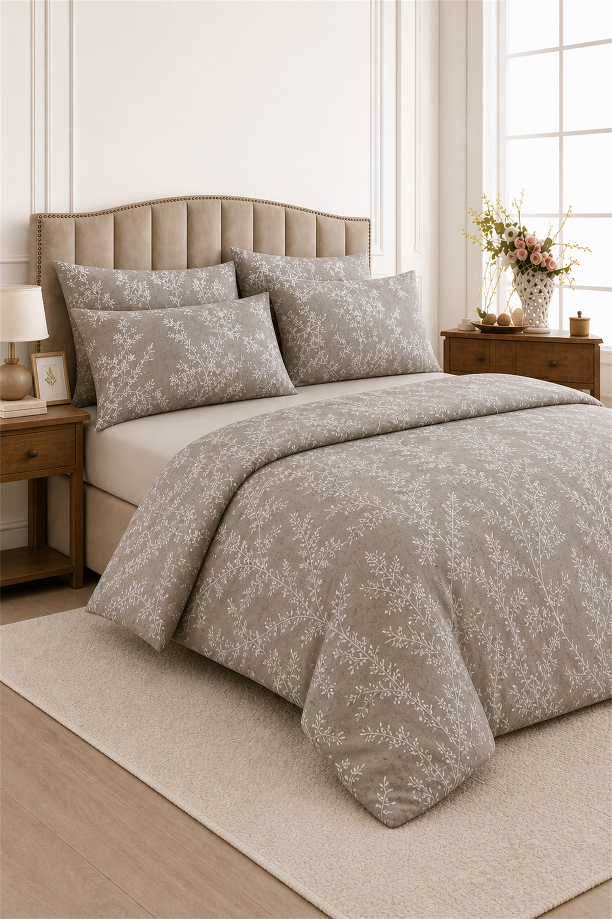 ÇetHome Pamuklu Yaprak Desenli Çift Kişilik Nevresim Takımı