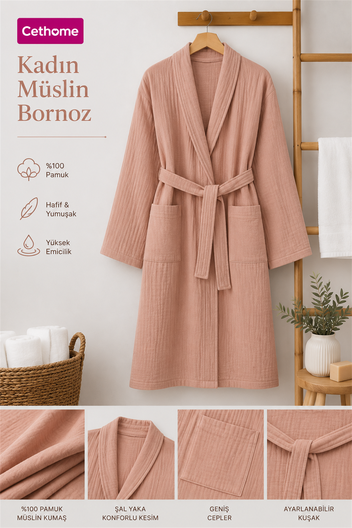 ÇetHome Pembe Renk Kemerli %100 Pamuklu Müslin Kumaş Bornoz