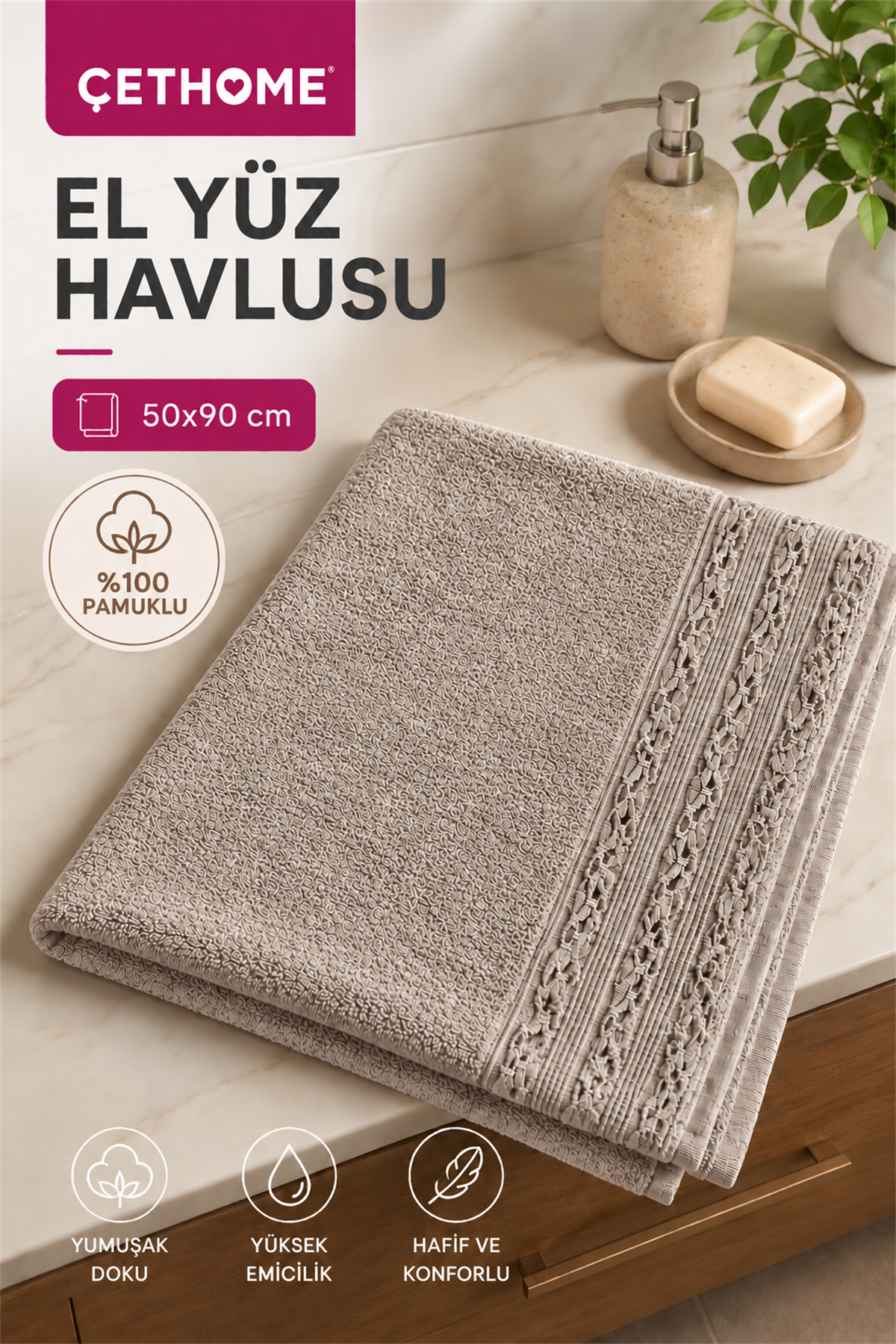 ÇetHome Vizon Renk Motifli El Yüz Havlusu