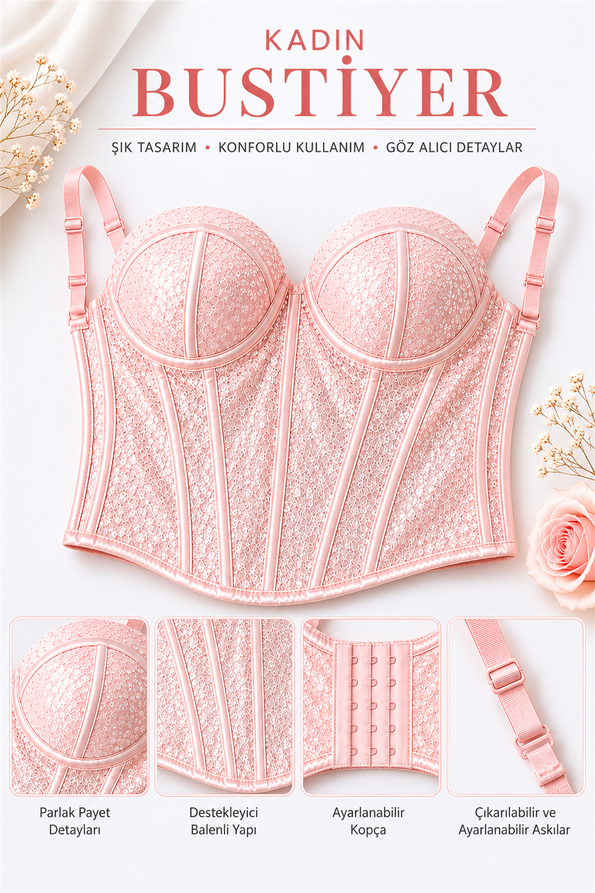 Pembe Renk Pullu Parlak Korse Bustiyer