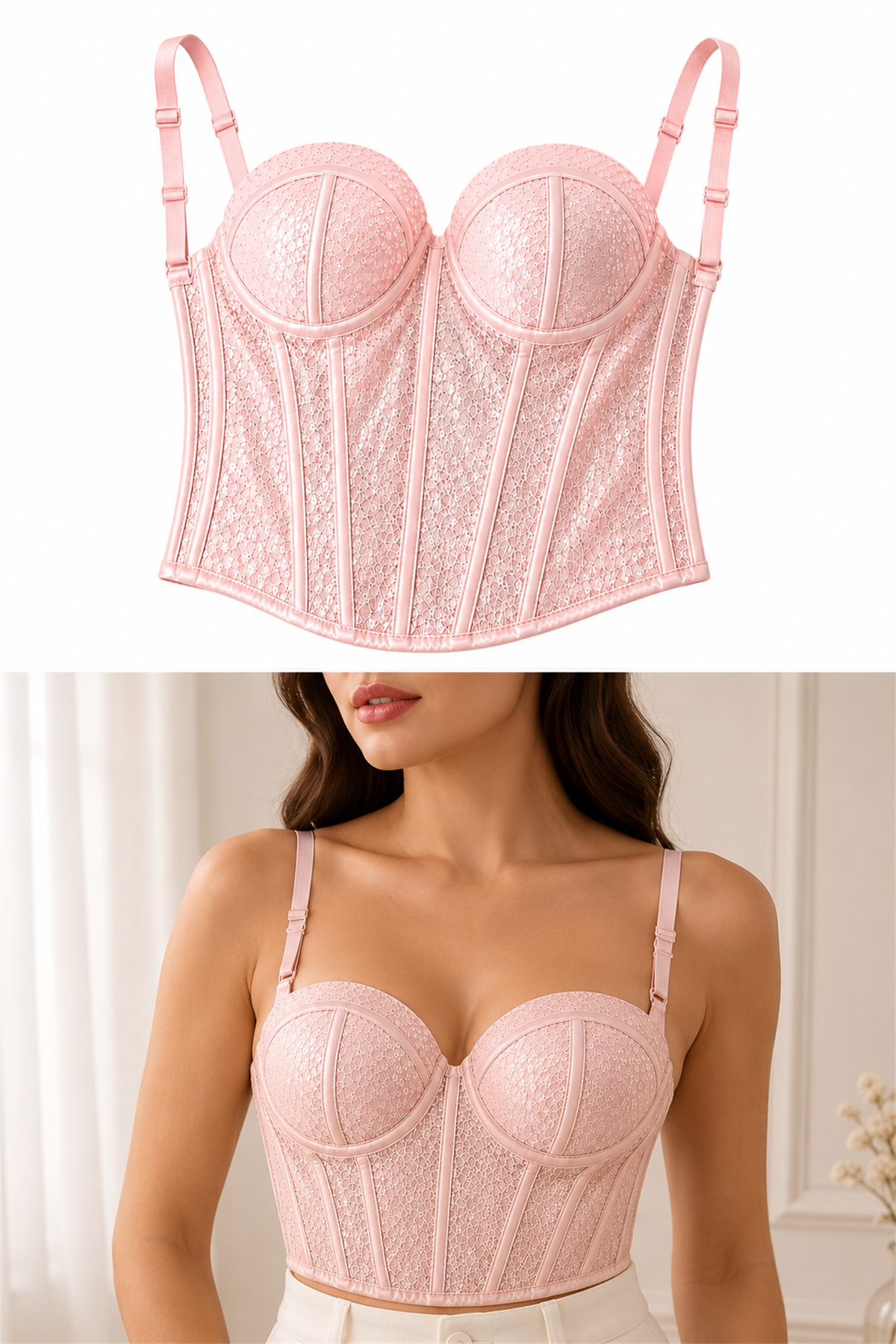Pembe Renk Pullu Parlak Korse Bustiyer