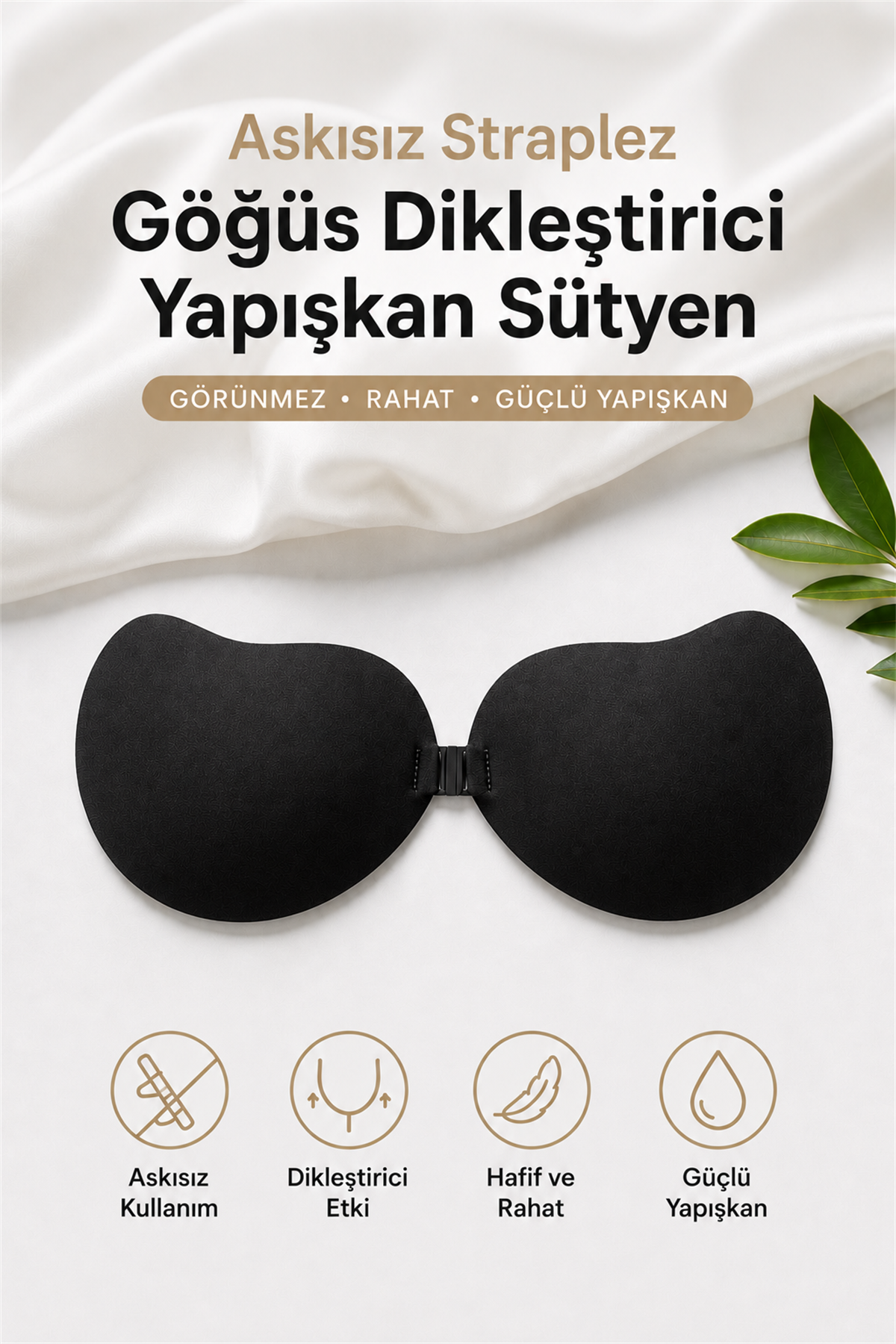 Siyah Askısız Straplez Önden Klipsli Yapışkanlı Sütyen