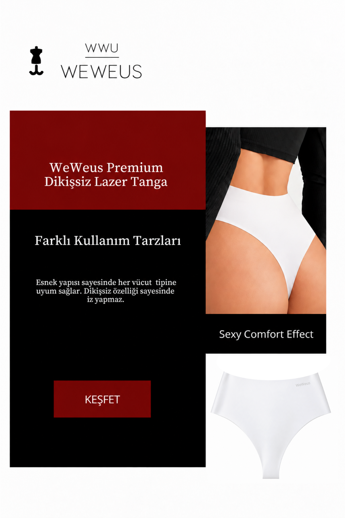 WeWeus Beyaz Dikişsiz Lazer Kesim Yüksek Bel Tanga