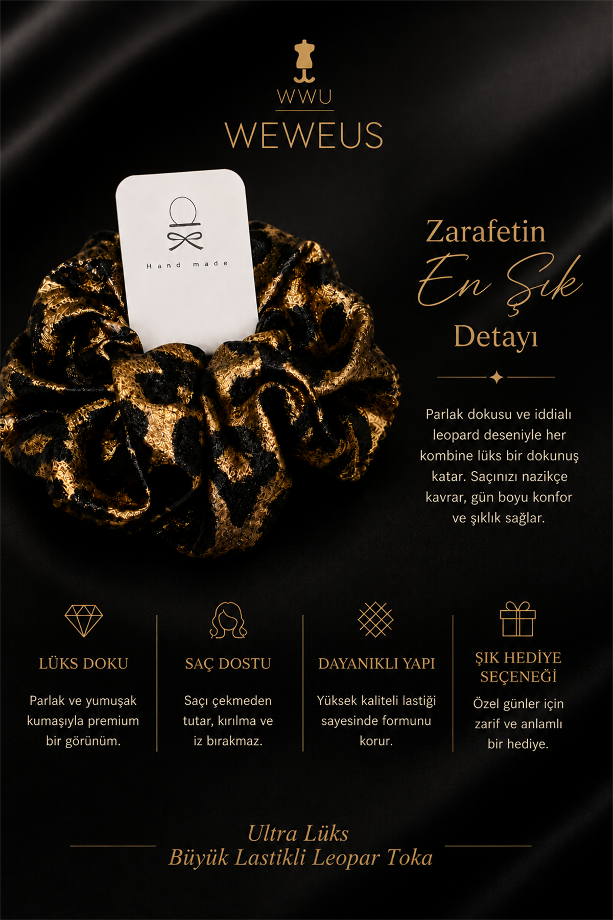 WeWeus Büyük Siyah Gold Leopar Premium Saten Lastik Scrunchie Toka