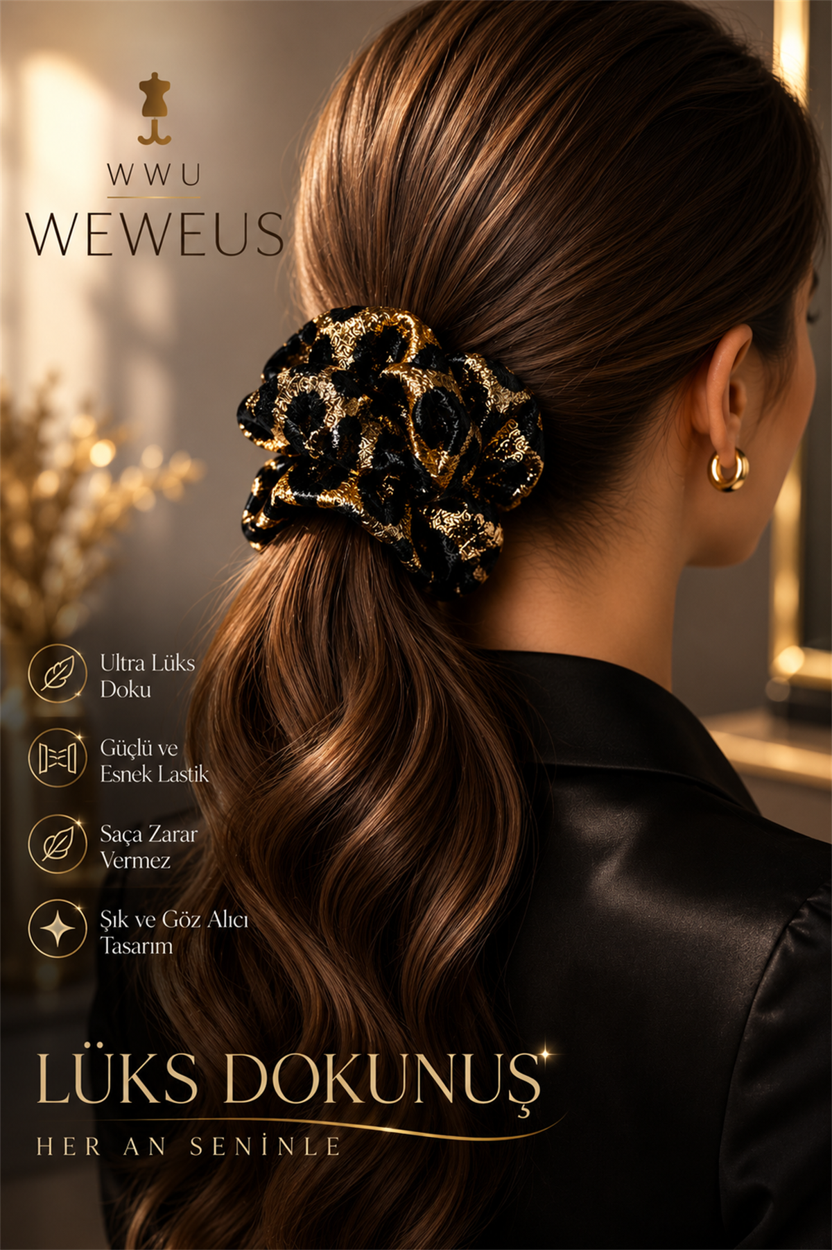 WeWeus Büyük Siyah Gold Leopar Premium Saten Lastik Scrunchie Toka