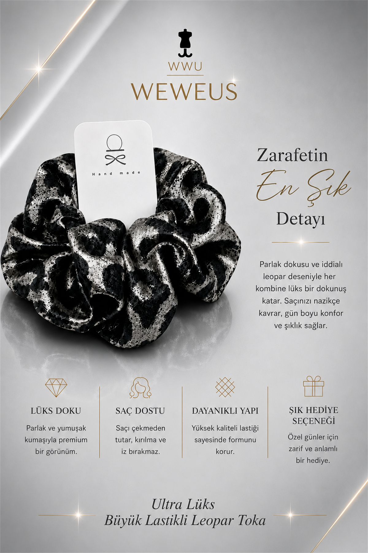 WeWeus Büyük Siyah Gri Leopar Premium Saten Lastik Scrunchie Toka