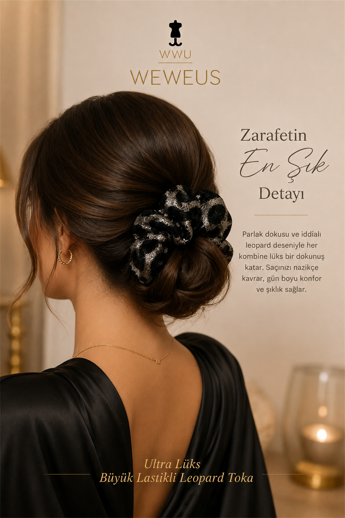 WeWeus Büyük Siyah Gri Leopar Premium Saten Lastik Scrunchie Toka